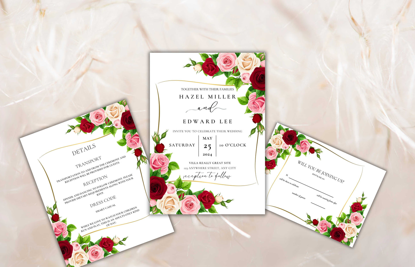 Red Wedding Invitation Set, Floral invitation,Editable Template, RSVP Card, Details Card, Burgundy and Pink Floral with Gold Frame, WIT63