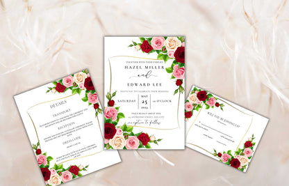 Red Wedding Invitation Set, Floral invitation,Editable Template, RSVP Card, Details Card, Burgundy and Pink Floral with Gold Frame, WIT63