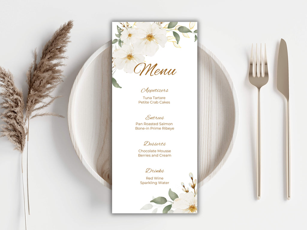 Elegant Floral Wedding Menu & Thank You Card Template | Printable Wedding Table Set | Minimalist White Flower Design.WI189