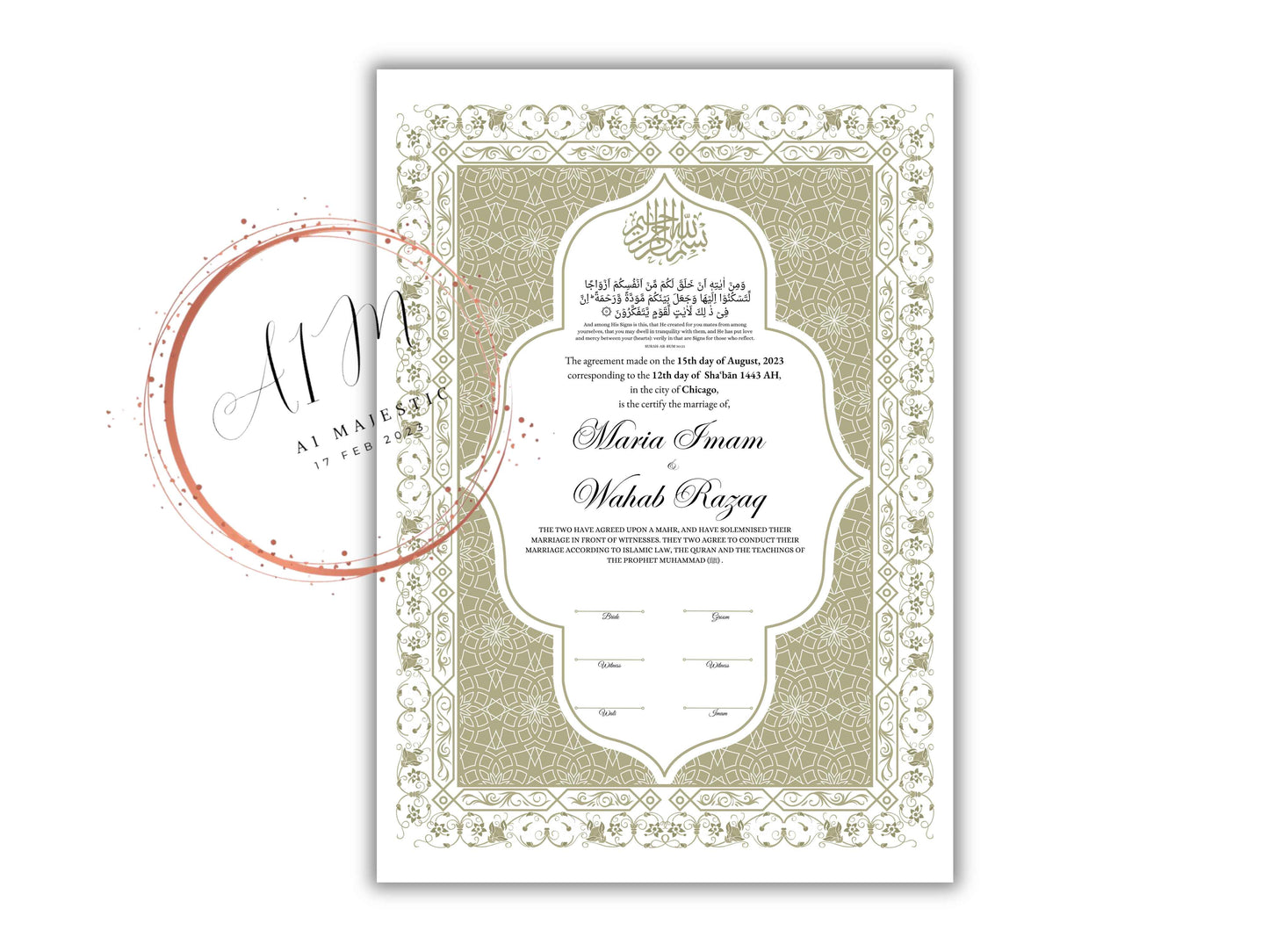 Nikkah Certificate Digital Download Personalized, Luxury Nikkah Contract, Islamic Wedding Contract, Personalized Muslim Wedding Gift. NN191