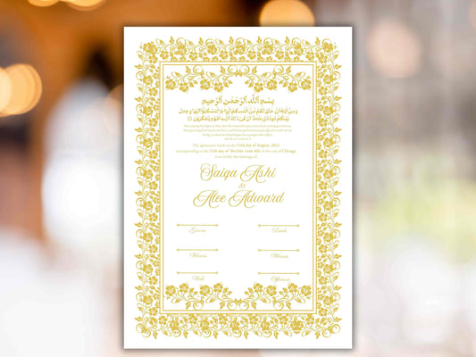 Floral Nikkah Certificate, Islamic Wedding Contract, Nikkah Nama, Muslim Marriage Certificate, Personalised Names, Quran Verse. NN279