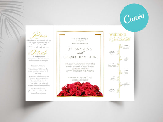 Elegant Red Rose Gatefold Wedding Invitation | Romantic Floral Wedding Card | Printable Invitation Suite | Red Wedding Timeline | WI140