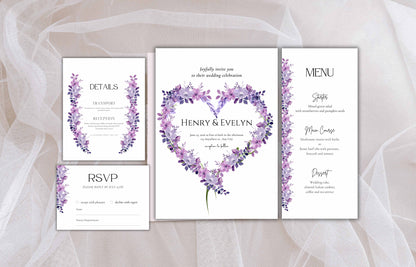 Lavender Floral Wedding Invitation Set Template, Watercolor Lilac Wedding Invite Suite, Heart Wedding Card Printable, Detail Card, RSVP. W75