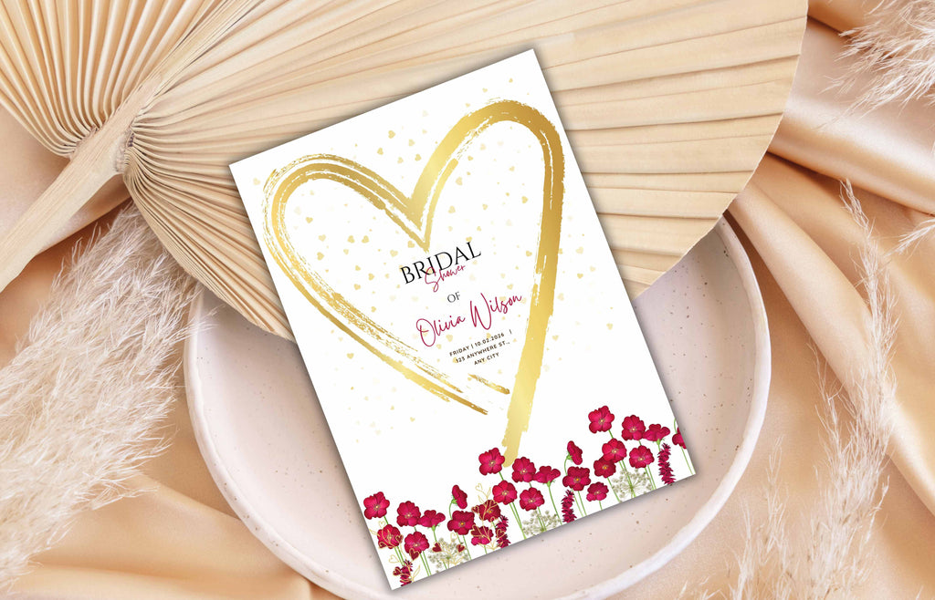 Red bridal shower invitation template, Red Wild Flower and Gold Heart invitation, 5 x 7 Editable Canva Template, Printable, B36