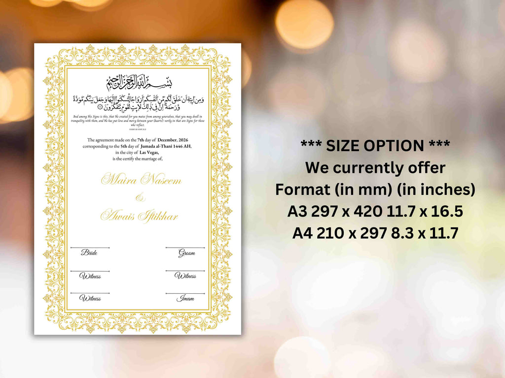 Nikkah Certificate Digital Download Personalised, A4, A3, Template, Editable, Gold Nikkah Nama, Nikkah Contract, Muslim Contract. NN292