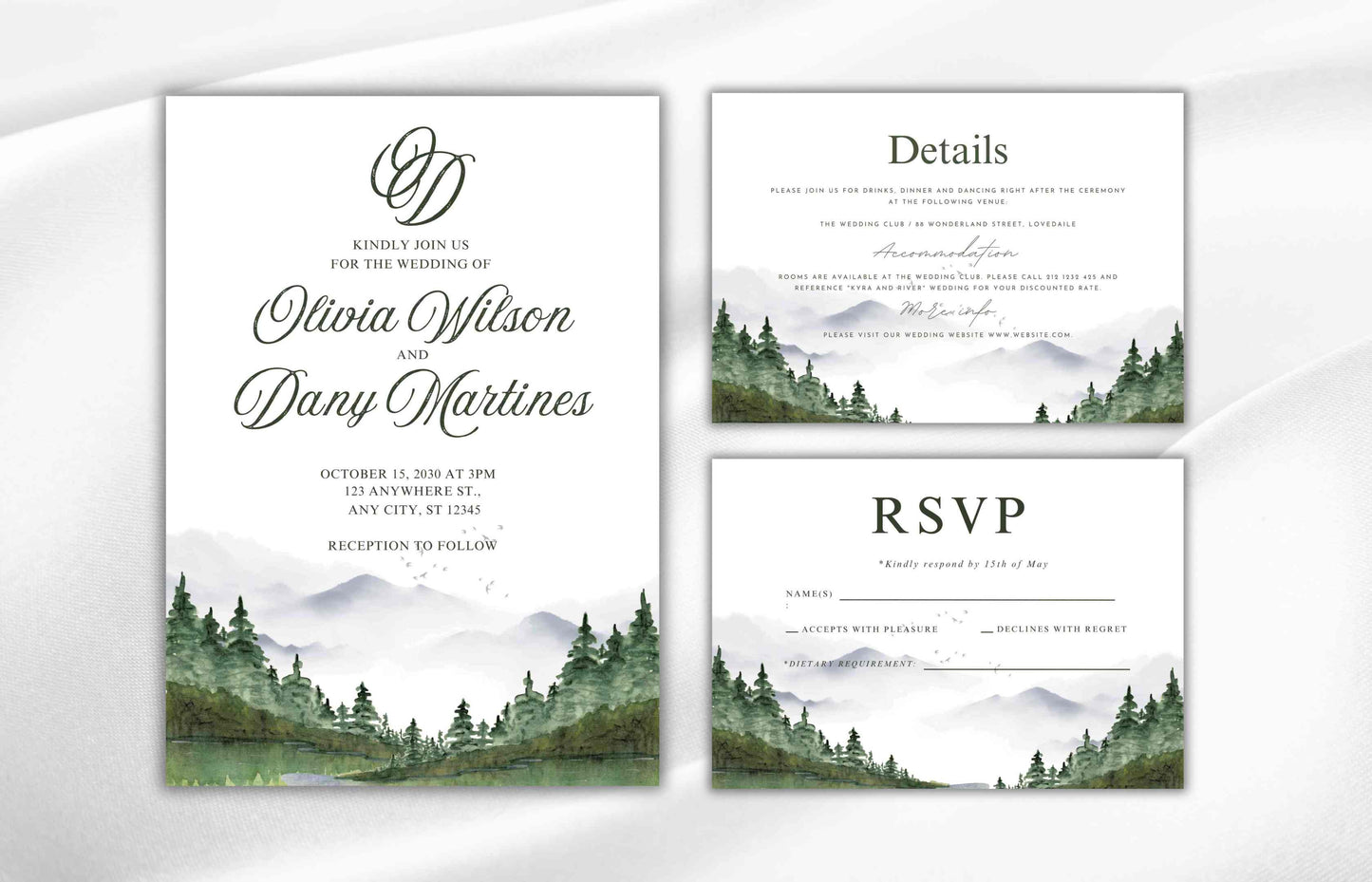 Rustic Mountain Wedding Invitation Suite: Woodland Forest Pine Design with Sage Details Card, Printable RSVP, Instant Download. WI94