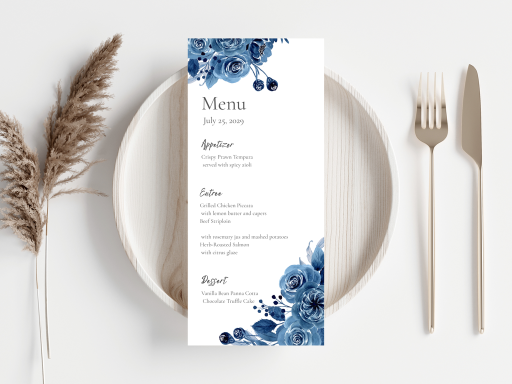 Blue Floral Wedding Menu & Thank You Card Set, Editable Template, Place Card.WI213