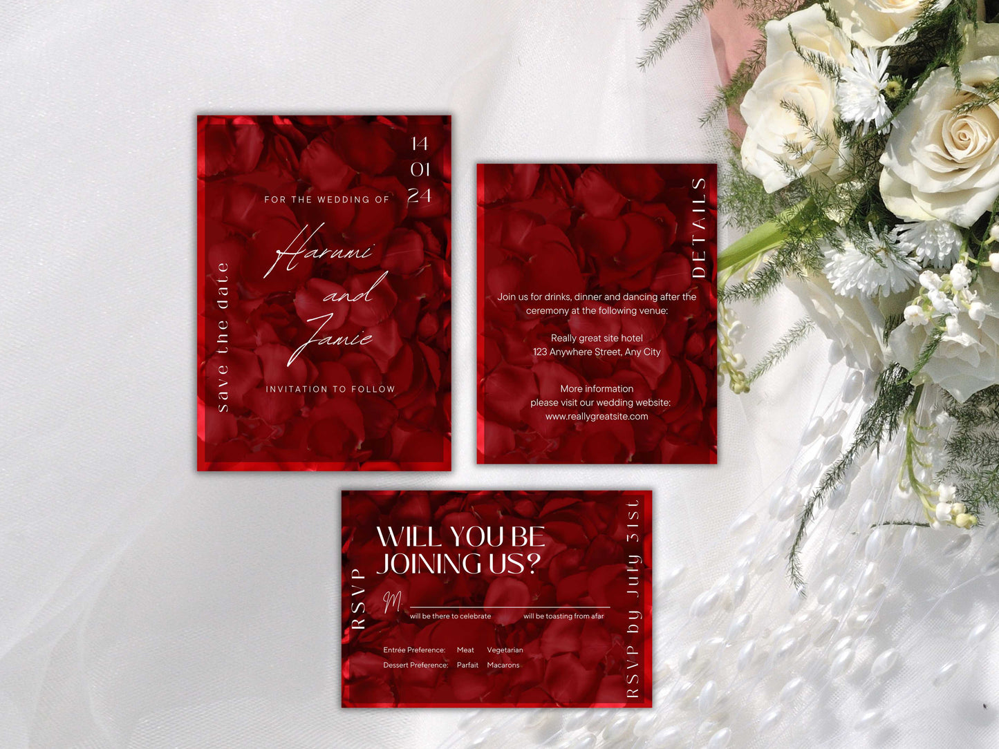 Red Rose Petals Wedding Invitation set, Red Rose RSVP, Red Rose Petals Wedding Invitation, Details, Editable,Template, WT59