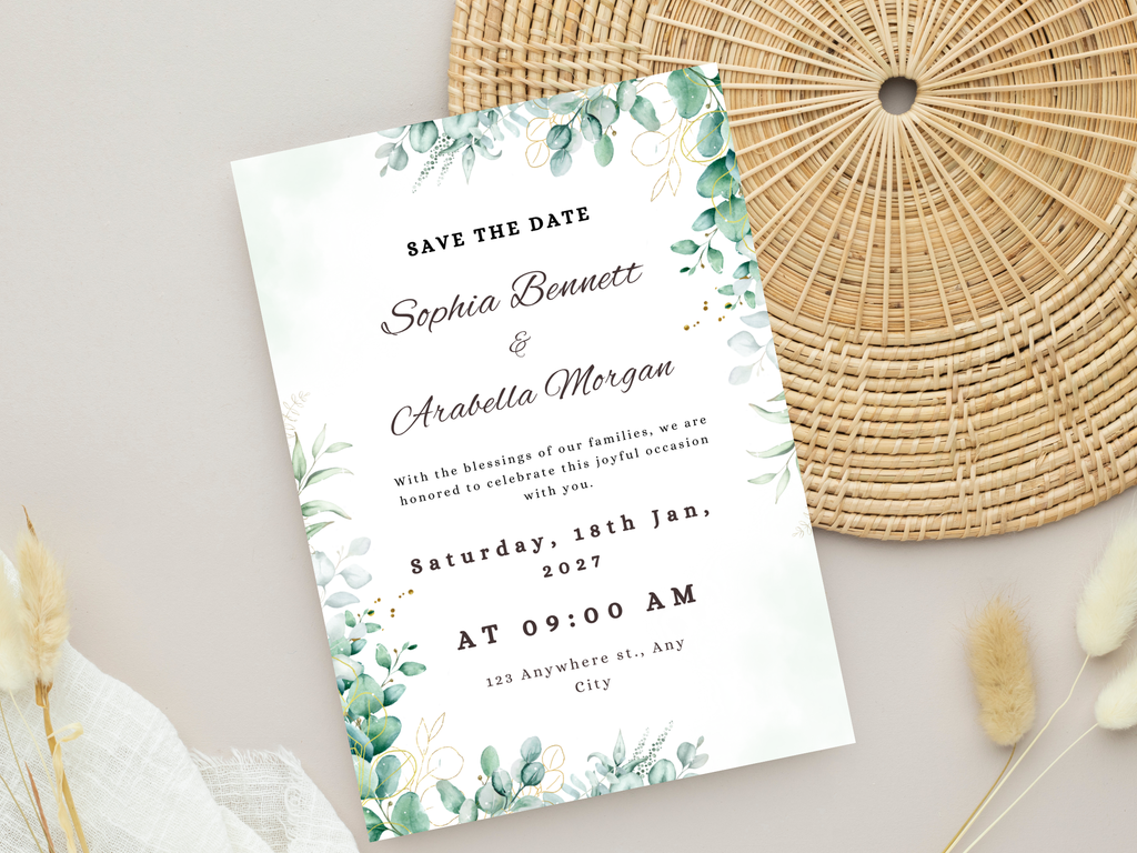 Green Eucalyptus Save the Date Card, Detail, RVSP, Menu card, Printable Instant Download MTC403