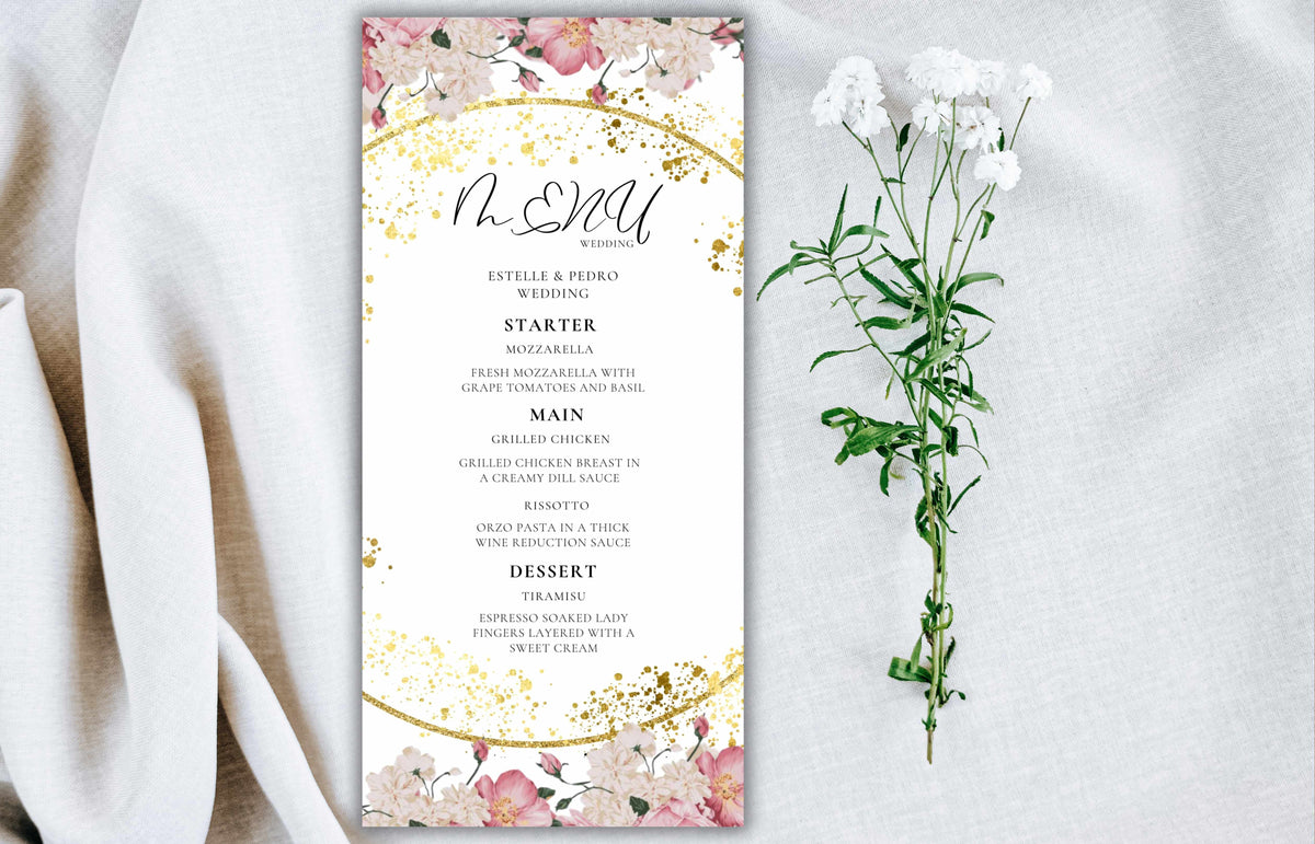 Wedding Menu Template Download, Pink Rose Wedding Menu Card, Menu Template, Wedding Menu, , Modern Dinner Menu, Instant Download, WS50