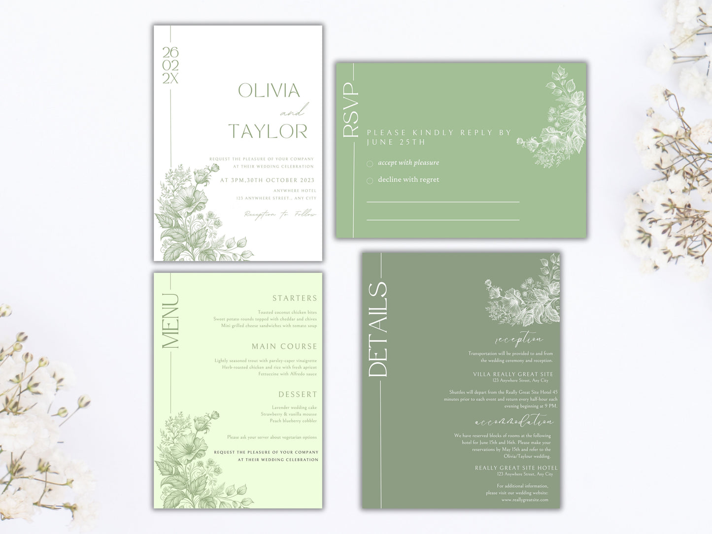 Sage Green Wedding Invitation Suite with Menu Card, Editable Wedding invite, Minimal Invite, Simple Editable Invite Template. WT56