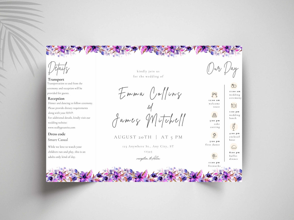 Floral Gatefold Wedding Invitation | Timeline Wedding Card | Modern Purple and Gold Details | Printable Schedule & Reception Invite. WI163