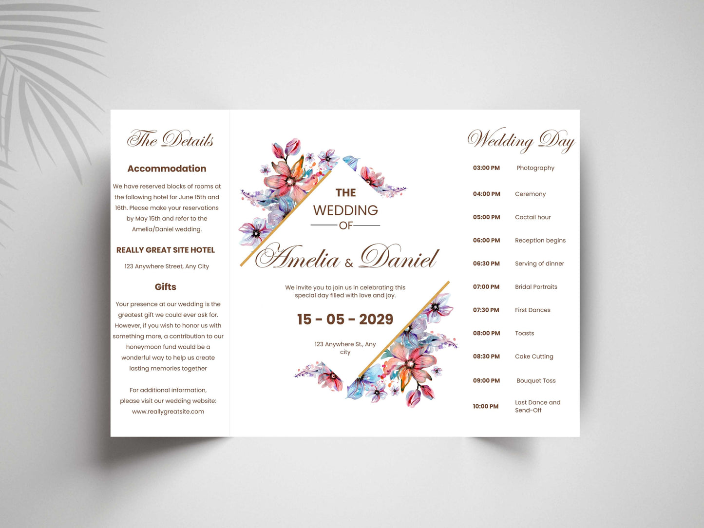 Elegant Floral Wedding Invitation Template | Printable Digital Invite | Modern Wedding Timeline & Details Card. WI167