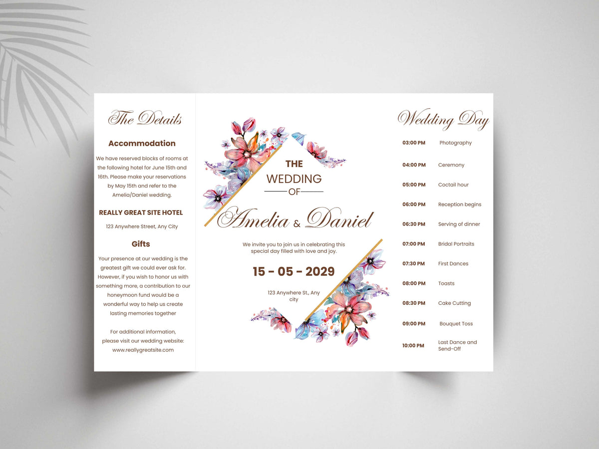 Elegant Floral Wedding Invitation Template | Printable Digital Invite | Modern Wedding Timeline & Details Card. WI167