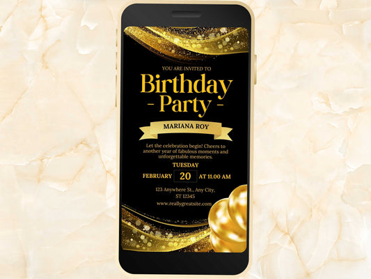 Electronic Digital Birthday Invitation, Birthday Invite, Birthday Invitation Balloon Gold Foil, Birthday Invitation for Girl. WEI41