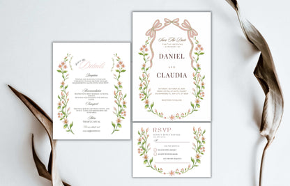 Ribbon Bow Wedding invitation Pink Green floral wedding invite, Spring summer wedding invitation suite, RSVP, Details Card, Editable WIB82