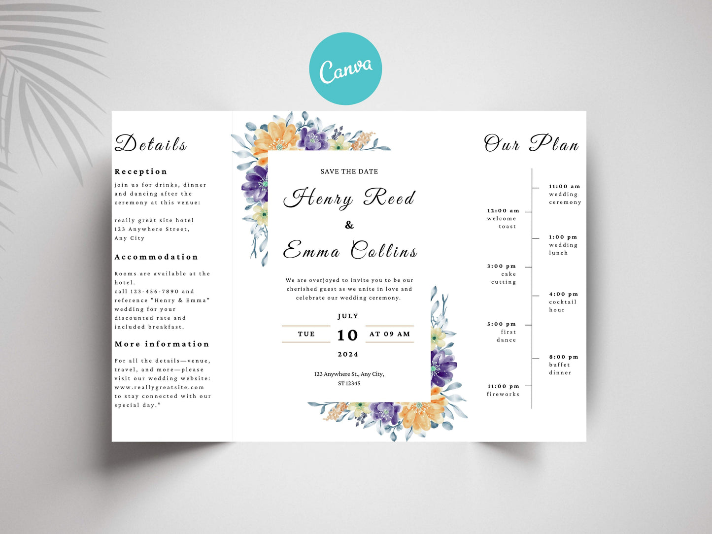 Floral Gatefold Wedding Invitation | Elegant Timeline Wedding Card | Modern Botanical Wedding Invitation with Details & Schedule. WI155