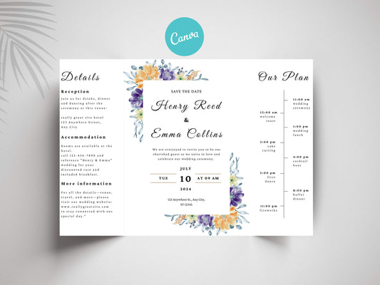 Floral Gatefold Wedding Invitation | Elegant Timeline Wedding Card | Modern Botanical Wedding Invitation with Details & Schedule. WI155