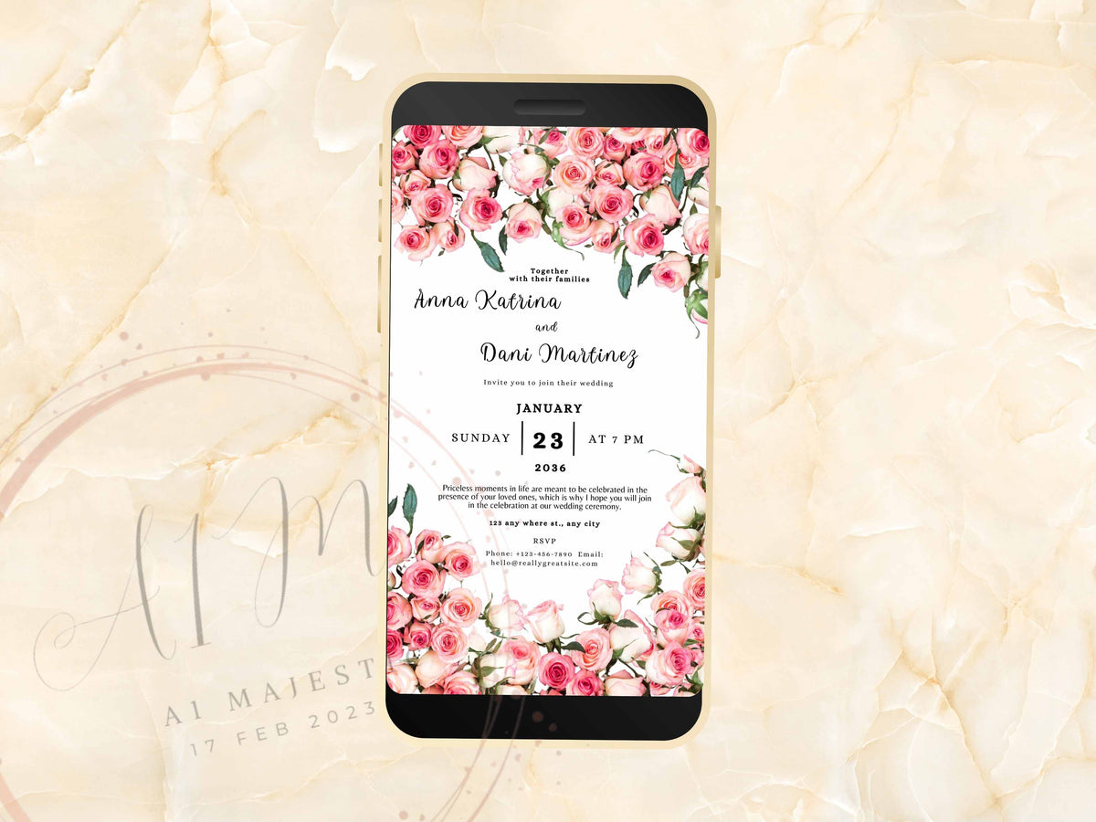 Pink Rose Wedding Evite Template, Electronic Wedding Invitation, Pink Rose video Wedding Invitation, Mobile Phone Invite. WEIB22