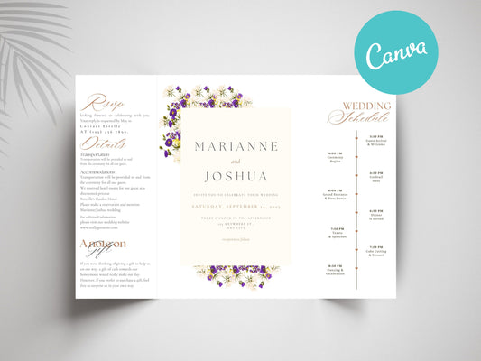 Elegant Gatefold Wedding Invitation with Floral Design | Personalized Wedding Card | Schedule Insert | RSVP Details Card Included. WI138