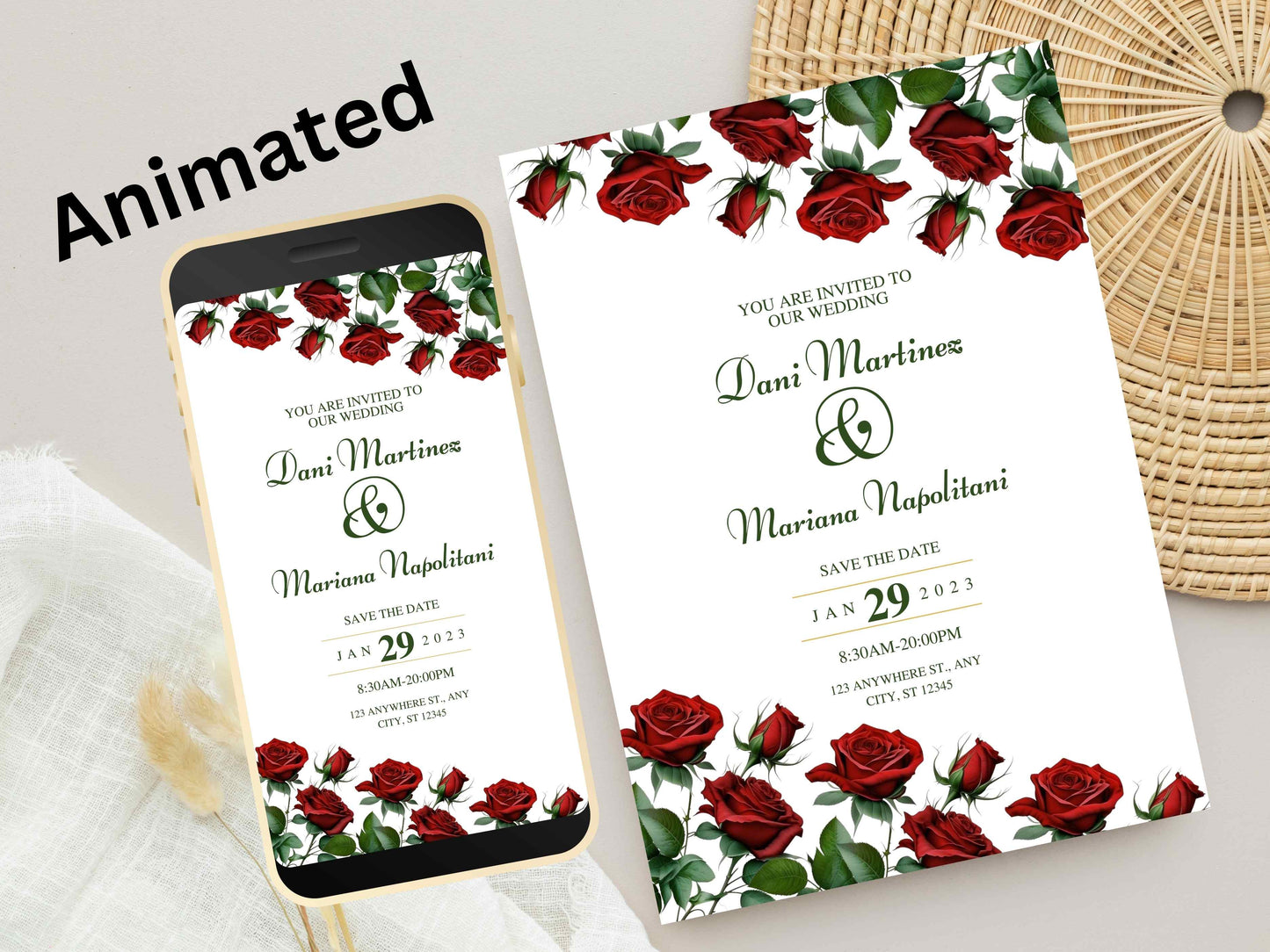 Red Rose Wedding Invitation, Electronic Wedding Invite Template , Digital Download, Red Rose Wedding Evite, Templett. WEI12