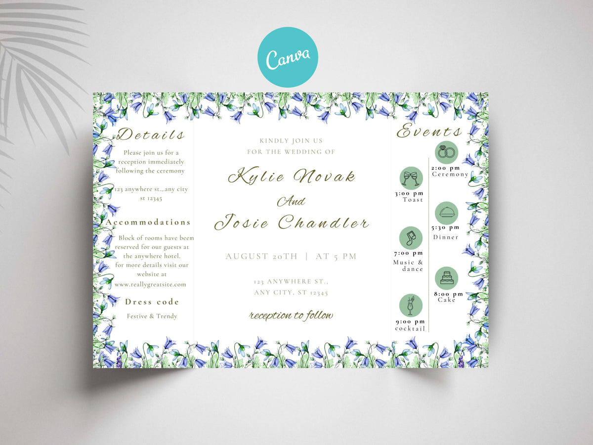 Blue Floral Gatefold Wedding Invitation | Elegant Folded Invite with Timeline | Botanical Watercolor Wedding Card | Qr Code Card. WI143