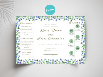 Blue Floral Gatefold Wedding Invitation | Elegant Folded Invite with Timeline | Botanical Watercolor Wedding Card | Qr Code Card. WI143