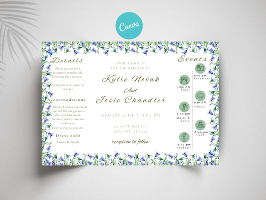 Blue Floral Gatefold Wedding Invitation | Elegant Folded Invite with Timeline | Botanical Watercolor Wedding Card | Qr Code Card. WI143