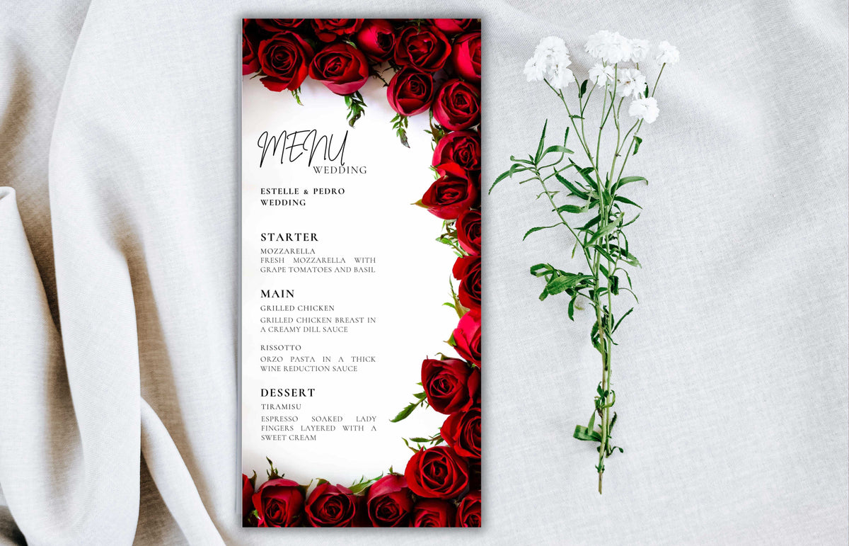 Wedding Menu Template Download, Red Rose Wedding Menu Card, Red Menu Template, Wedding Menu, Modern Dinner Menu, Instant Download, WS53