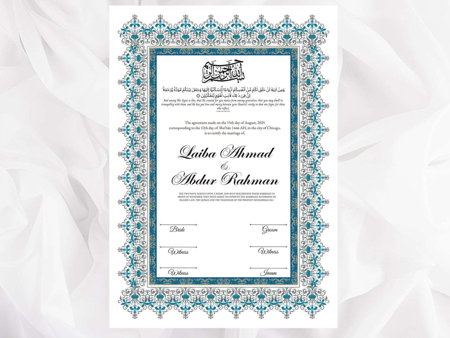 Nikkah Certificate Digital Download Personalised, A4, A3, Template, Editable, Nikkah Nama, Nikkah Contract, Muslim Contract. NN272