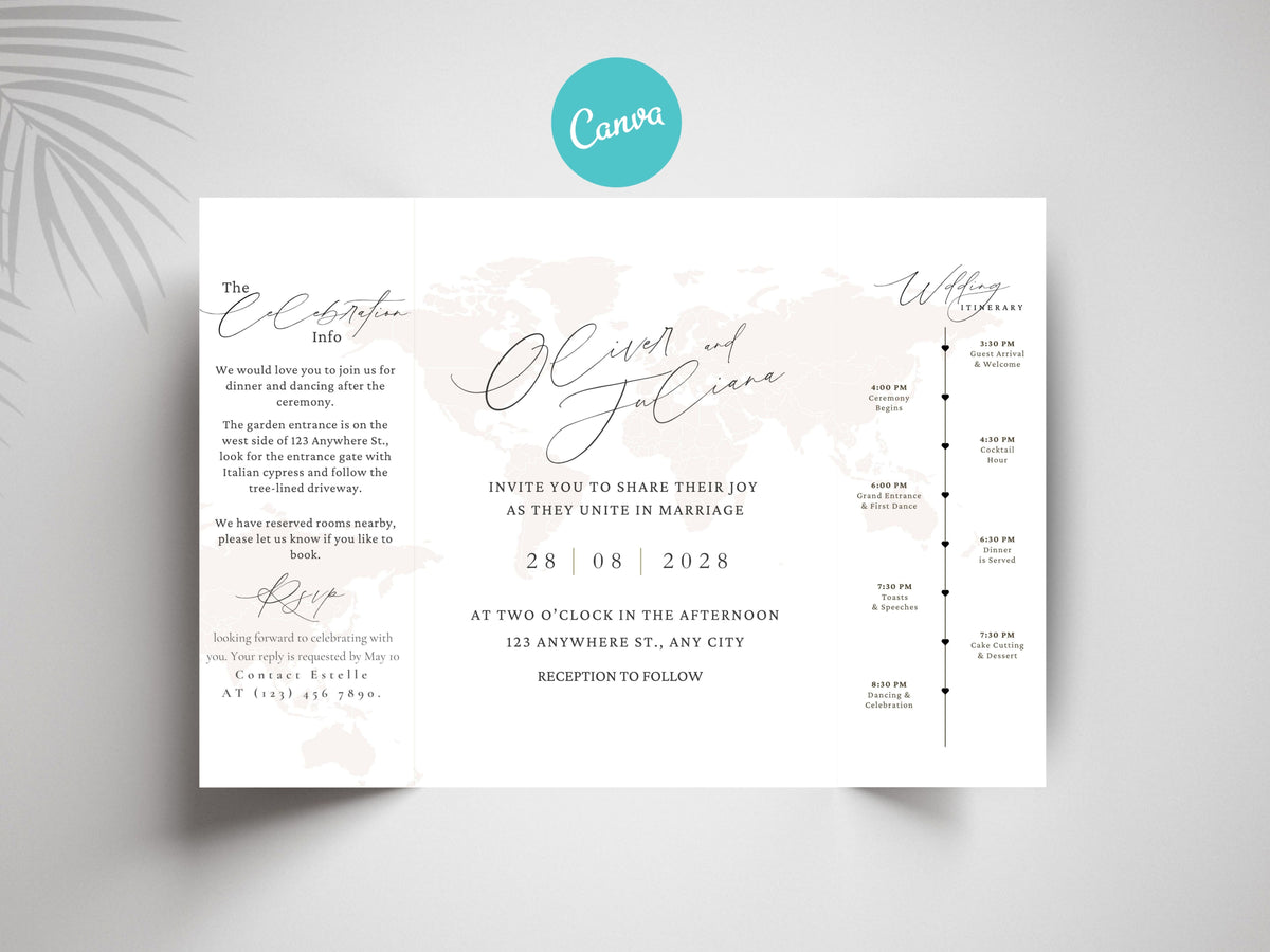 Destination Wedding Invitation Template Gatefold | Elegant Folded Travel Theme Invite | Printable Timeline & RSVP Card. WI146