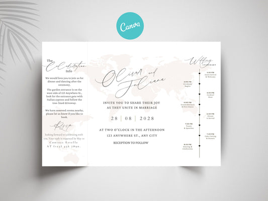 Destination Wedding Invitation Template Gatefold | Elegant Folded Travel Theme Invite | Printable Timeline & RSVP Card. WI146