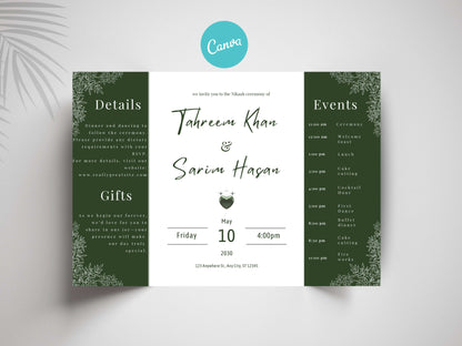 Elegant Green Floral Wedding Invitation Template | Modern Folded Wedding Invite with Timeline | Printable Wedding Suite. WI151