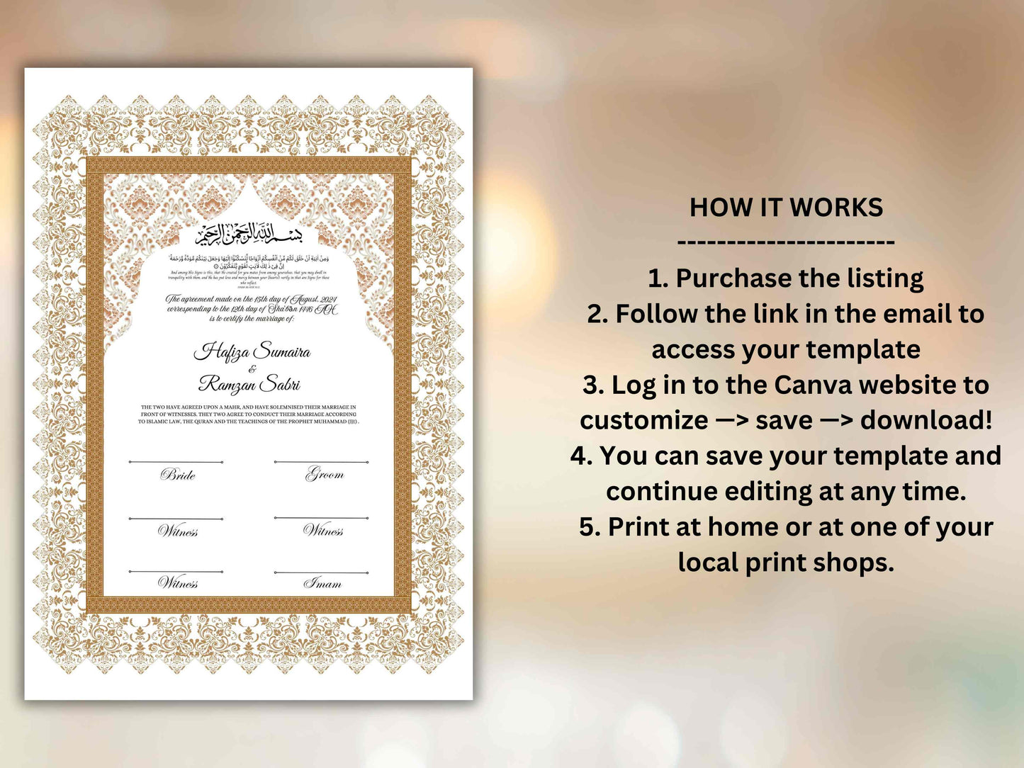 Printable Nikkah Contract Template | Islamic Marriage Contract | Muslim Wedding | Nikkah Template | NN290