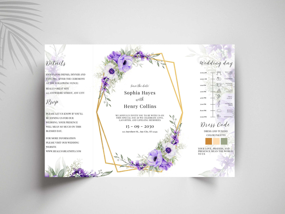 Elegant Purple Floral Wedding Invitation Template | Editable Printable Invite | Save the Date Card | Modern Romantic Wedding. WI168