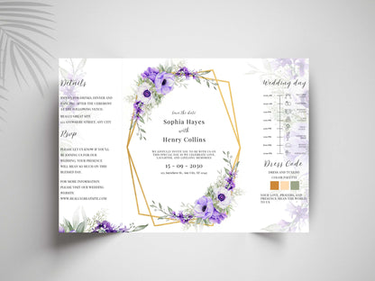 Elegant Purple Floral Wedding Invitation Template | Editable Printable Invite | Save the Date Card | Modern Romantic Wedding. WI168