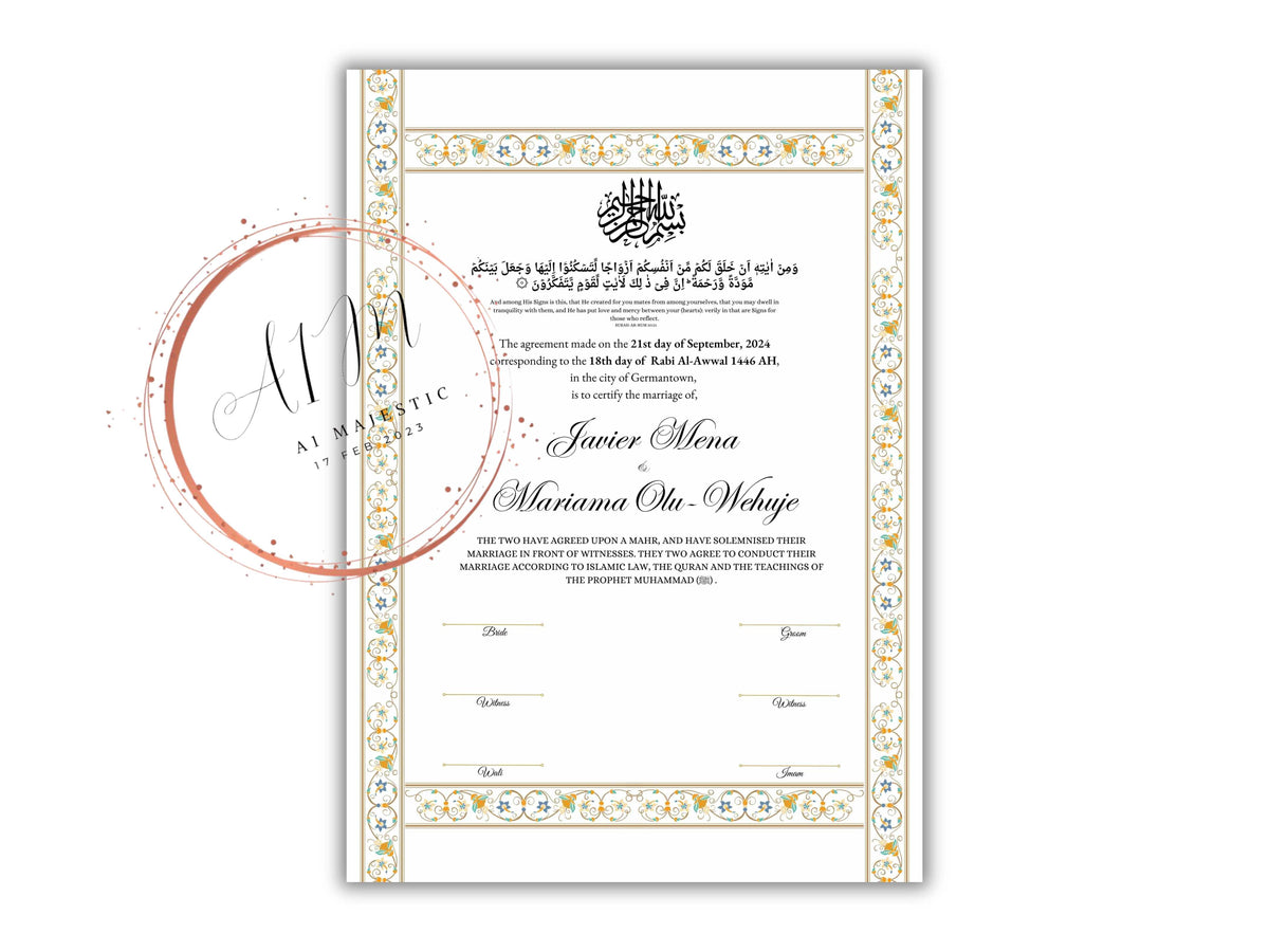 Luxury Nikkah Certificate, Premium A4 Islamic Wedding Contract, Nikkah Nama, Muslim Marriage Certificate, Personalised Names, A4, A3. NN274