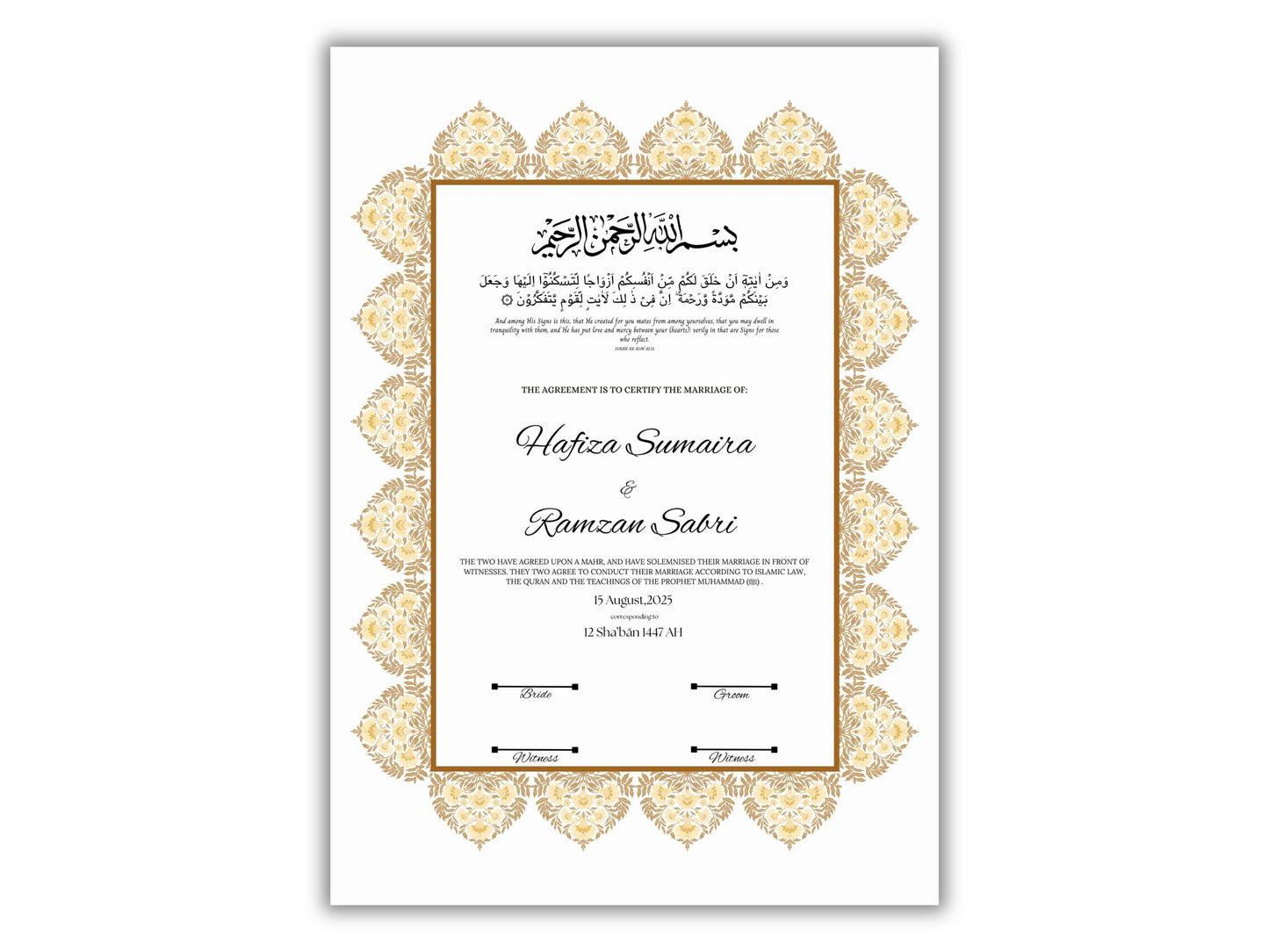 Luxury Nikkah Certificate, Premium A4 Islamic Wedding Contract, Nikkah Nama, Muslim Marriage Certificate, Personalised Names, A4, A3. NN295