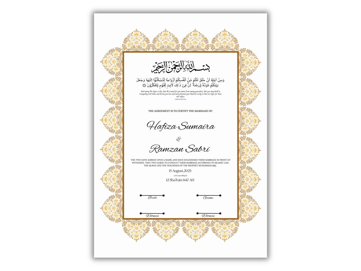 Luxury Nikkah Certificate, Premium A4 Islamic Wedding Contract, Nikkah Nama, Muslim Marriage Certificate, Personalised Names, A4, A3. NN295