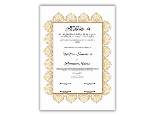 Luxury Nikkah Certificate, Premium A4 Islamic Wedding Contract, Nikkah Nama, Muslim Marriage Certificate, Personalised Names, A4, A3. NN295