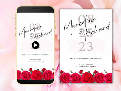 Red Rose Wedding Invitation, Electronic Wedding Invite Template , Minimalist Evite, Red Rose Wedding Evite, Templett. WEI41