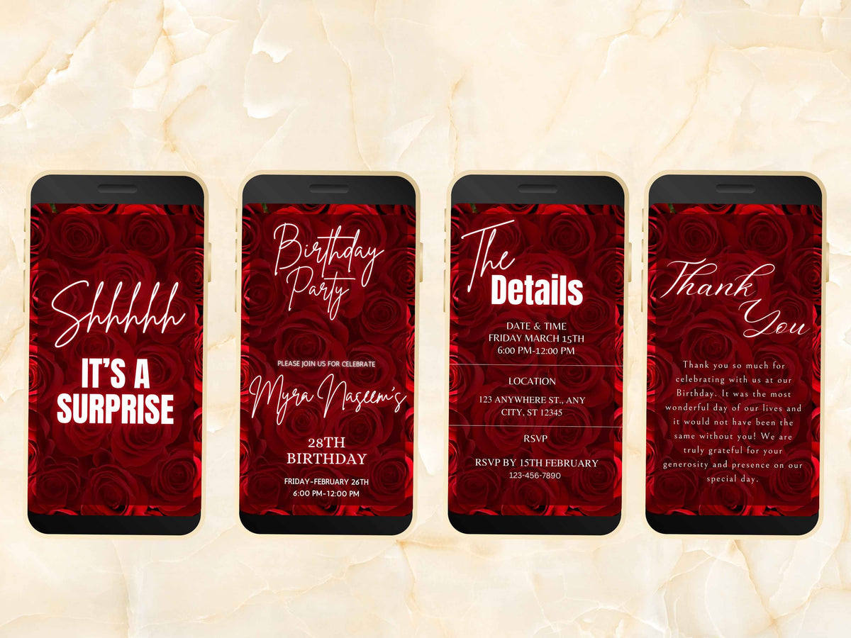 Red Birthday Party Invitation Template, Digital Red Rose  Birthday Dinner Invitation, Red Rose Birthday Evite, Editable Template. BEI19