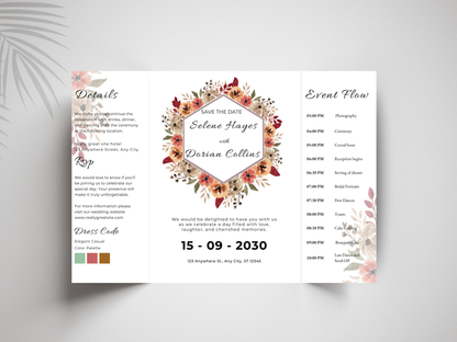 Rustic Floral Gatefold Wedding Invitation Template | Boho Save the Date & Event | Editable Invitation Suite | Fall Wedding Template. WI182