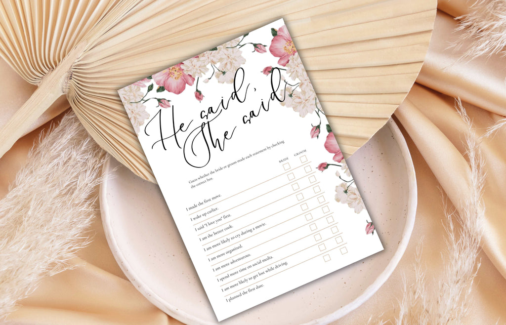 Bridal Shower Games, Pink Rose Bridal Shower Games, He Said She Said Bridal Shower Game, Pink Flower Bridal Shower Editable Game. WS51