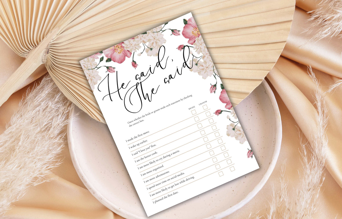 Bridal Shower Games, Pink Rose Bridal Shower Games, He Said She Said Bridal Shower Game, Pink Flower Bridal Shower Editable Game. WS51