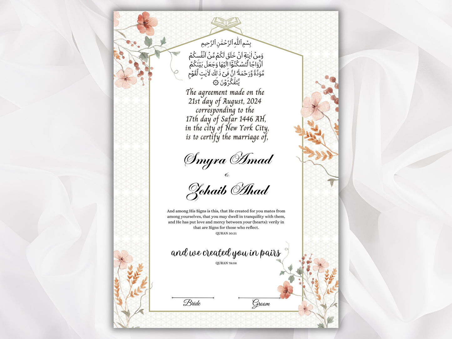 Nikkah Certificate, Islamic Wedding Contract, Muslim Marriage Certificate, Nikkah Nama, Template Nikkah, Nikkah Certificate, A3/A4. NN270