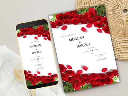 Red Rose Wedding Invitation, Electronic Wedding Invite, Digital Download, Red Rose Wedding Evite, Templett. WEI9