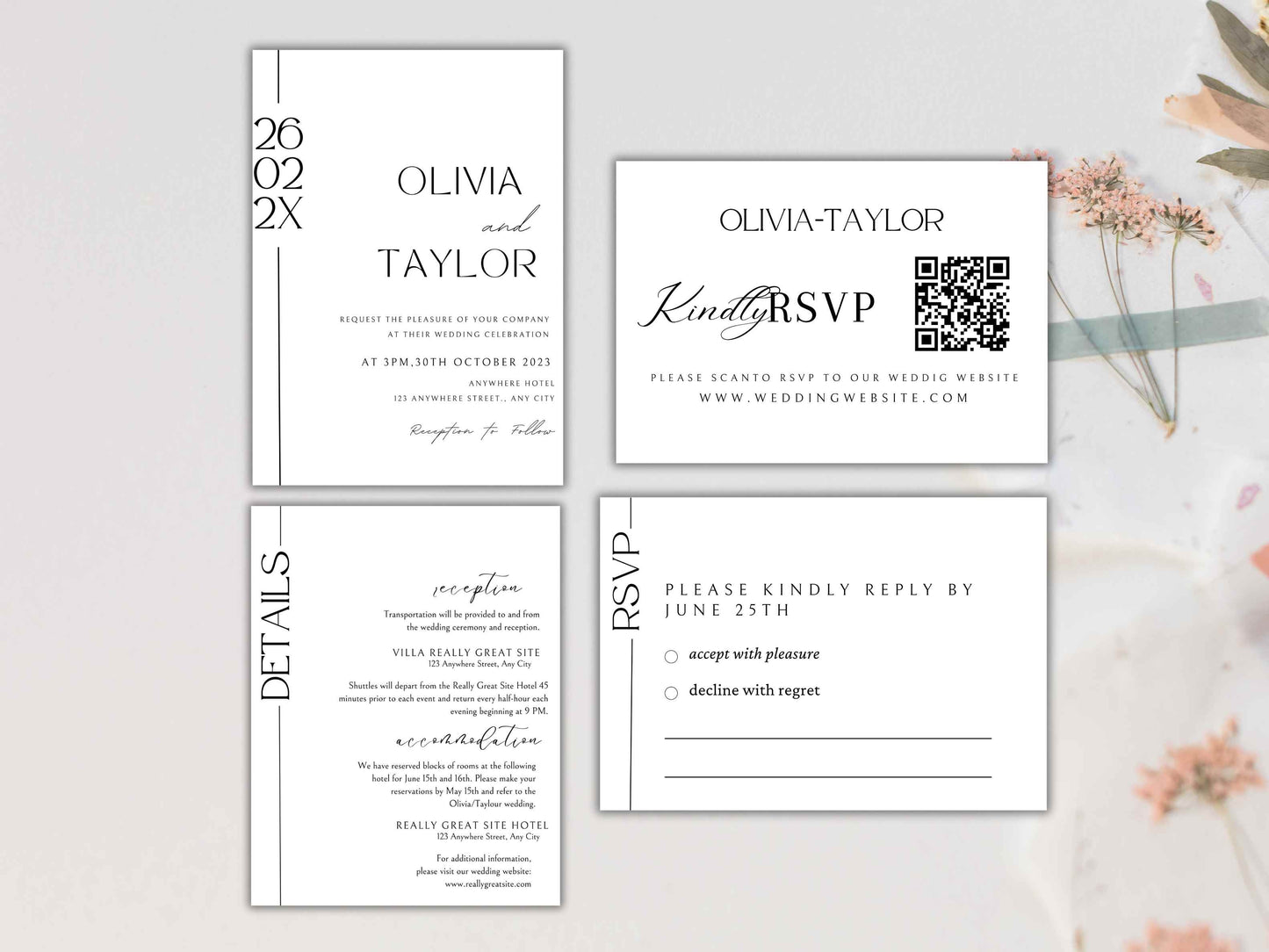 Wedding Invitation with QR Code, Minimal Wedding Invite Suite, Modern Invite, Simple Editable Invite Qr Code RSVP, Details Card . WT58