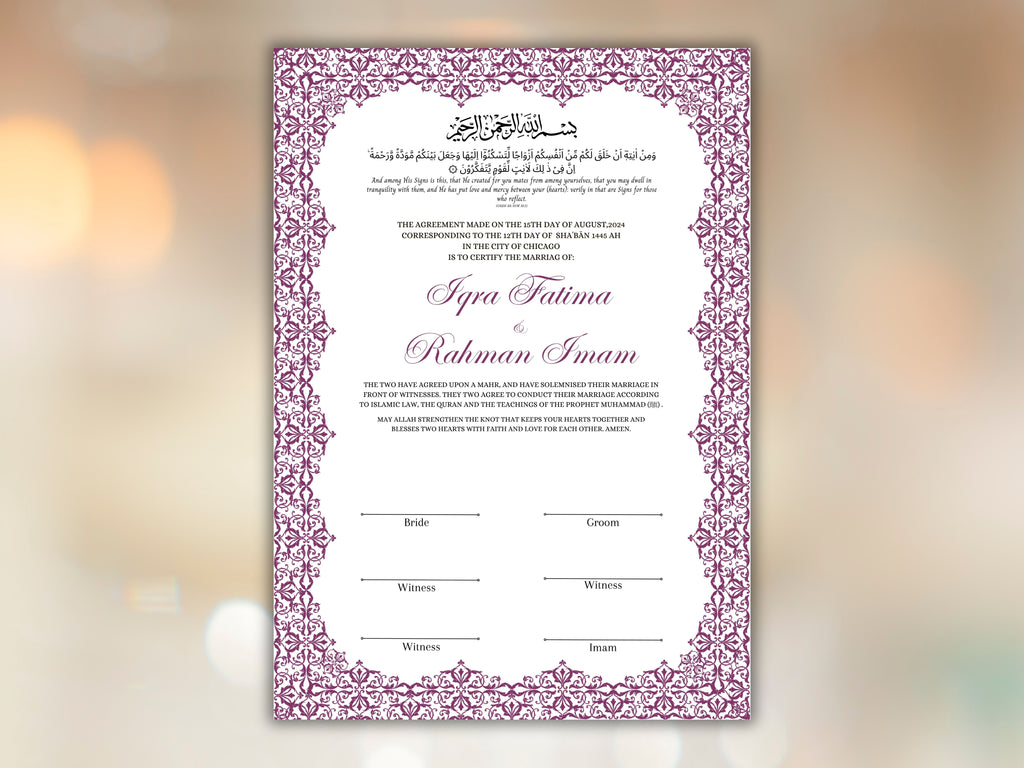 Nikkah Certificate Digital Download Personalised, A4, A3, Template, Editable, Purple Nikkah Nama, Nikkah Contract, Muslim Contract. NN244