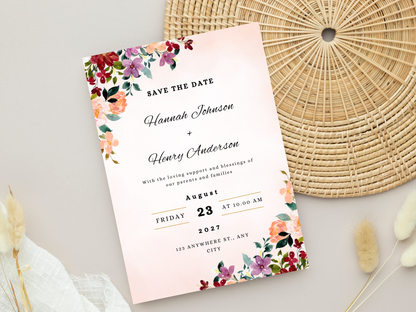 Floral Wedding Invitation, Editable RSVP, Details Card, Bottle label WI380